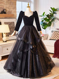 Black Velvet and Tulle Long Prom Dress, Elegant Floor Length Evening Dress HZ0429
