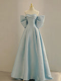 Charming Blue Satin Long Prom Dress with Big Bow, A-Line Sweetheart Neck Formal Dress HZ0429