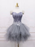 Gray Sweetheart Neck Short Prom Dress, A Line Party Dress with Feather HZ0429