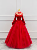 Red Velvet Tulle Floor Length Prom Dress, Beautiful Long Sleeve Evening Party Dress HZ0429