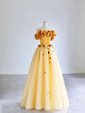 Yellow Tulle Applique Long Prom Dress, Off the Shoulder Sleeveless Backless Long Formal Evening Dress HZ0429