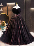 Black Velvet Tulle Long Prom Dress with Rose Print Pattern, Elegant Off the Shoulder Party Dress HZ0429
