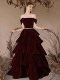 Burgundy Velvet Layers Long Prom Dress, Beautiful A-Line Off the Shoulder Evening Party Dress HZ0429