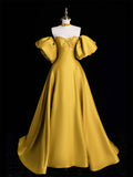 Yellow Satin Long Prom Dress, Off the Shoulder A-Line Evening Party Dress HZ0429