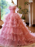 Pink Tulle Layers Long A-Line Prom Dress, Pink Spaghetti Strap Sweet 16 Dress Evening Dress HZ0429