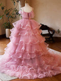 Pink Tulle Layers Long A-Line Prom Dress, Pink Spaghetti Strap Sweet 16 Dress Evening Dress HZ0429