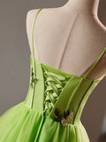 Beautiful Green Lace Flower Short Party Dress, Lovely Spaghetti Straps Sleeveless Backless Evening Dress HZ0429