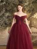 Burgundy Tulle Long A-Line Prom Dress, Off the Shoulder Evening Party Dress HZ0429