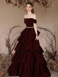 Burgundy Velvet Layers Long Prom Dress, Beautiful A-Line Off the Shoulder Evening Party Dress HZ0429