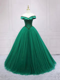 Green Tulle Beads Long Prom Dress, Beautiful Off the Shoulder Party Dress HZ0429