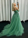 Green Tulle Lace Long Prom Dress, Off the Shoulder A-Line Evening Party Dress HZ0429