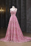 Pink Applique Long Prom Dress, A-Line Spaghetti Straps Formal Dress HZ0429