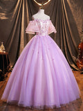 Purple Tulle Sequins Long Prom Dress, A-Line Off the Shoulder Evening Party Dress HZ0429
