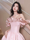 Off Shoulder Pink Satin Long Formal Dress, Pink Evening Dress Party Dress HZ0429