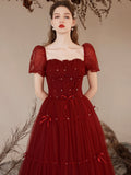 Burgundy Tulle Beaded Floor Length Prom Dress, Cute Short Sleeve Evening Dress HZ0429