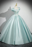 Lovely Satin Lace Long Prom Dress, Ice Blue A-Line Short Sleeve Evening Party Dress HZ0429