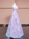 A-Line Purple Tulle Flowers Long Prom Dress, Beautiful Evening Party Dress HZ0429