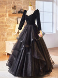 Black Velvet and Tulle Long Prom Dress, Elegant Floor Length Evening Dress HZ0429