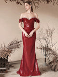 Burgundy Sequins Long Prom Dress, Mermaid Off the Shoulder Evening Party Dress HZ0429