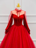 Red Velvet Tulle Floor Length Prom Dress, Beautiful Long Sleeve Evening Party Dress HZ0429
