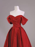 Dark Red Satin Tulle Long Prom Dress, Beautiful Off the Shoulder Party Dress HZ0429