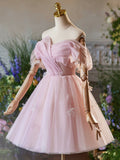 Pink Tulle Knee Length  A-Line Party Dress, Lovely Off the Shoulder Prom Dress HZ0429