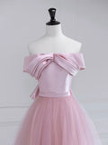 Pink Satin Tulle Long Prom Dress, Pink Off Shoulder Evening Dress HZ0429