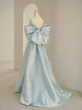 Charming Blue Satin Long Prom Dress with Big Bow, A-Line Sweetheart Neck Formal Dress HZ0429