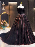 Black Velvet Tulle Long Prom Dress with Rose Print Pattern, Elegant Off the Shoulder Party Dress HZ0429