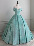 Sparkly Sequin Off the Shoulder Prom Dress, A-line Floor Length Evening Dress HZ0429