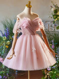 Pink Tulle Knee Length  A-Line Party Dress, Lovely Off the Shoulder Prom Dress HZ0429