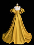Yellow Satin Long Prom Dress, Off the Shoulder A-Line Evening Party Dress HZ0429