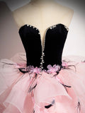 Pink Tulle and Black Velvet Strapless Party Gown, Pink Backless Ruffles Formal Evening Dress HZ0429