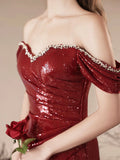 Burgundy Sequins Long Prom Dress, Mermaid Off the Shoulder Evening Party Dress HZ0429