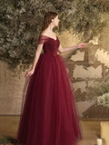 Burgundy Tulle Long A-Line Prom Dress, Off the Shoulder Evening Party Dress HZ0429