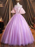 Purple Tulle Sequins Long Prom Dress, A-Line Off the Shoulder Evening Party Dress HZ0429