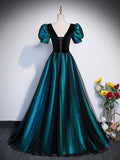 Unique Black Velvet and Tulle Long Prom Dress, A-Line Short Sleeve Evening Party Dress HZ0429