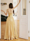 Unique Spaghetti Straps Satin Long Prom Dress, Gold V-Neck Backless Evening Party Dress HZ0429