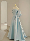 Charming Blue Satin Long Prom Dress with Big Bow, A-Line Sweetheart Neck Formal Dress HZ0429
