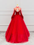 Red Velvet Tulle Floor Length Prom Dress, Beautiful Long Sleeve Evening Party Dress HZ0429
