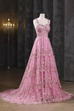 Pink Applique Long Prom Dress, A-Line Spaghetti Straps Formal Dress HZ0429