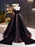 Black Velvet Tulle Long Prom Dress with Rose Print Pattern, Elegant Off the Shoulder Party Dress HZ0429