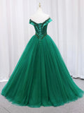 Green Tulle Beads Long Prom Dress, Beautiful Off the Shoulder Party Dress HZ0429