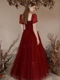 Burgundy Tulle Beaded Floor Length Prom Dress, Cute Short Sleeve Evening Dress HZ0429