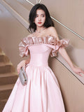 Off Shoulder Pink Satin Long Formal Dress, Pink Evening Dress Party Dress HZ0429