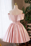 Pink Satin Short Prom Dress, Lovely A-Line Off the Shoulder Party Homecoming Dress HZ0429