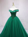 Green Tulle Beads Long Prom Dress, Beautiful Off the Shoulder Party Dress HZ0429