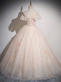 Champagne Tulle Floor Length Prom Dress, Off the Shoulder Evening Party Dress HZ0429