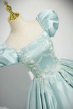 Lovely Satin Lace Long Prom Dress, Ice Blue A-Line Short Sleeve Evening Party Dress HZ0429