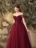 Burgundy Tulle Long A-Line Prom Dress, Off the Shoulder Evening Party Dress HZ0429